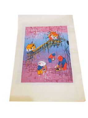 Handmade Malaysian Batik Painting Fabric Vibrant Village Washing in River Scene